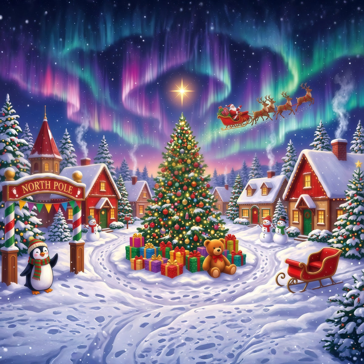 Fond Photo Père Noël Village Aurore Boréale Enneigée RR610-22