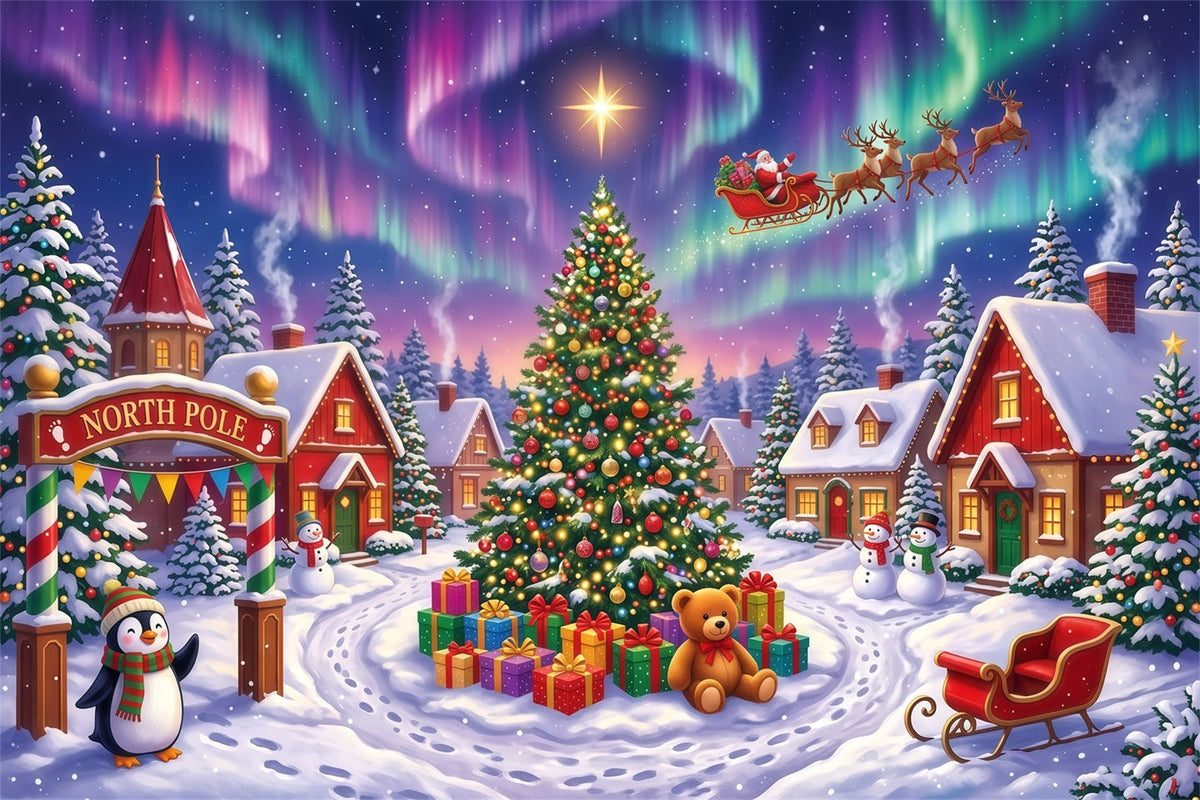 Fond Photo Père Noël Village Aurore Boréale Enneigée RR610-22