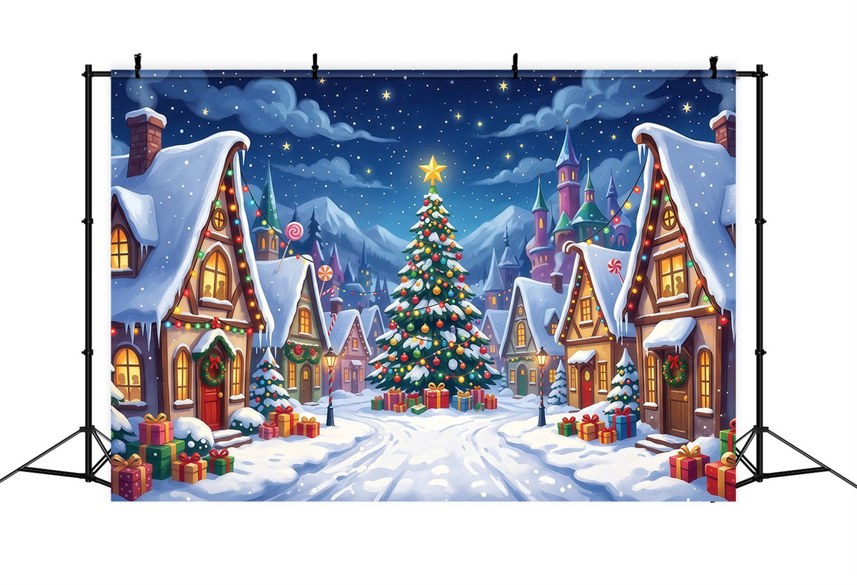 Fond Photo De Village De Noël Place Bonbons Enneigée RR610-26