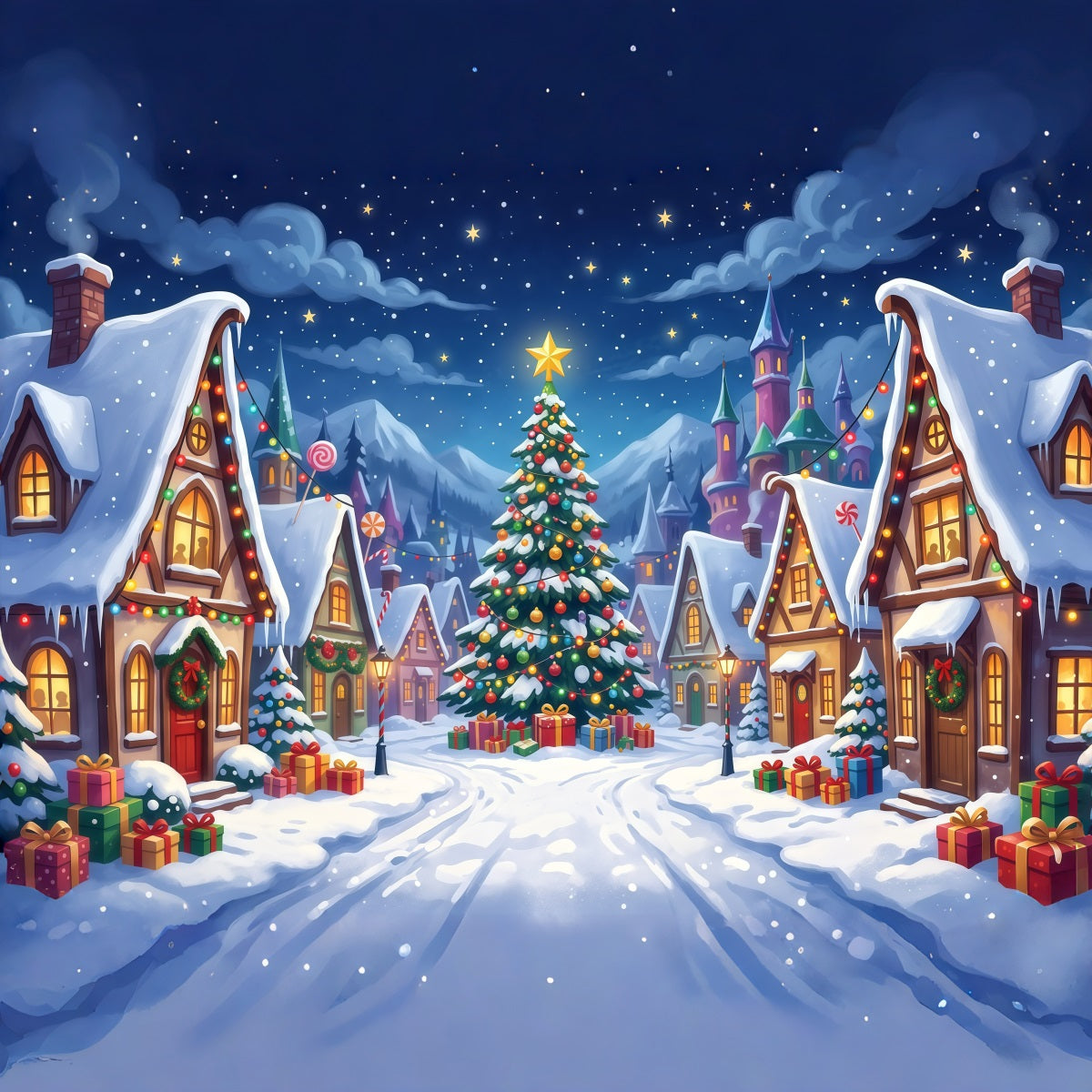 Fond Photo De Village De Noël Place Bonbons Enneigée RR610-26
