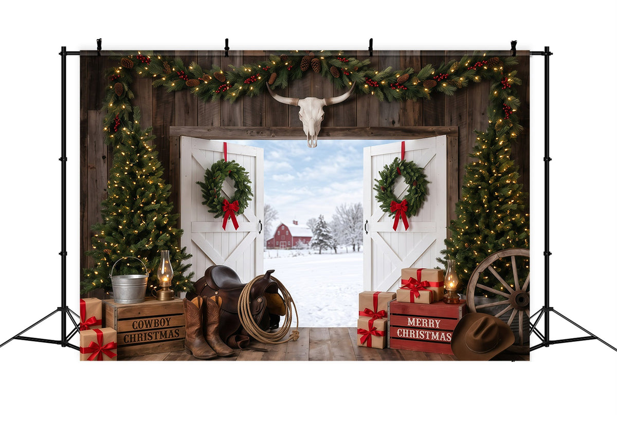 Fond De Noël Campagnard Entrée Grange Rustique Cowboy RR610-28