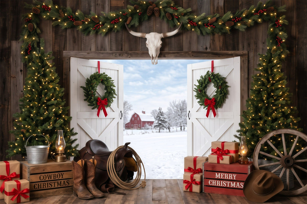 Fond De Noël Campagnard Entrée Grange Rustique Cowboy RR610-28