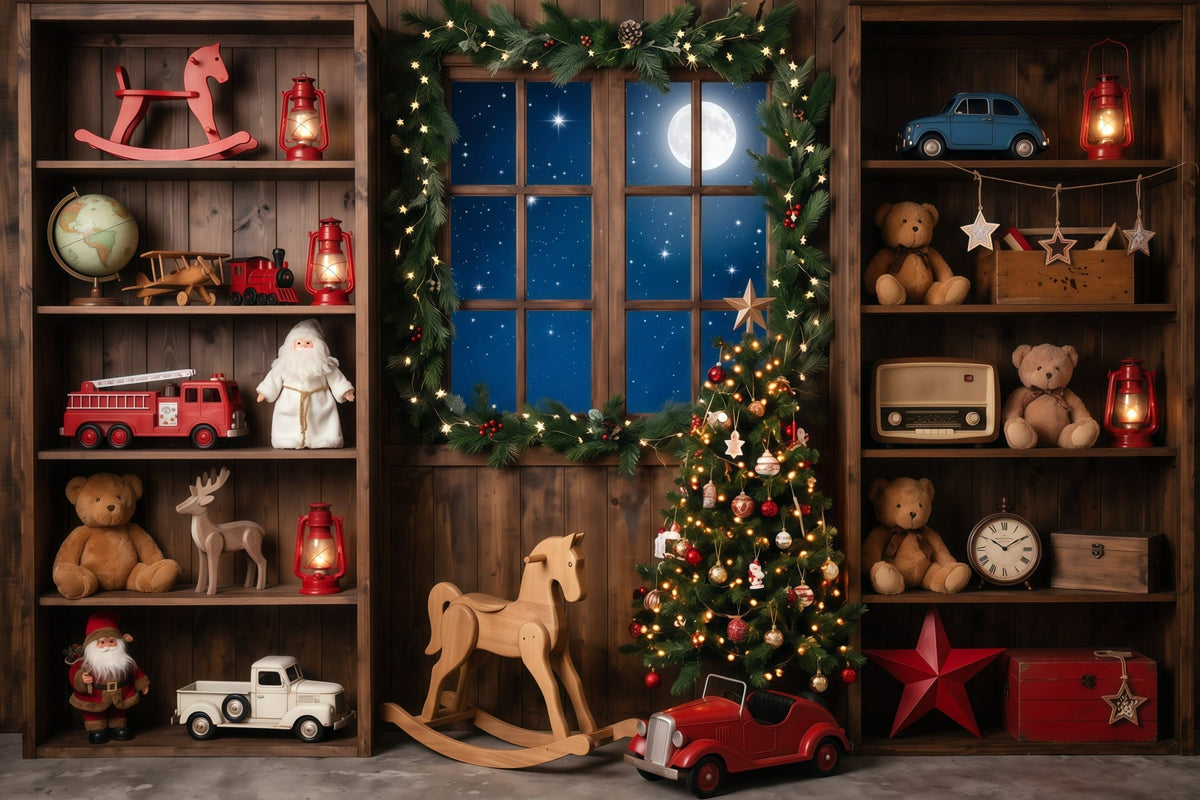 Fond Photo Atelier Père Noël Fenêtre Jouets Vintage RR610-29