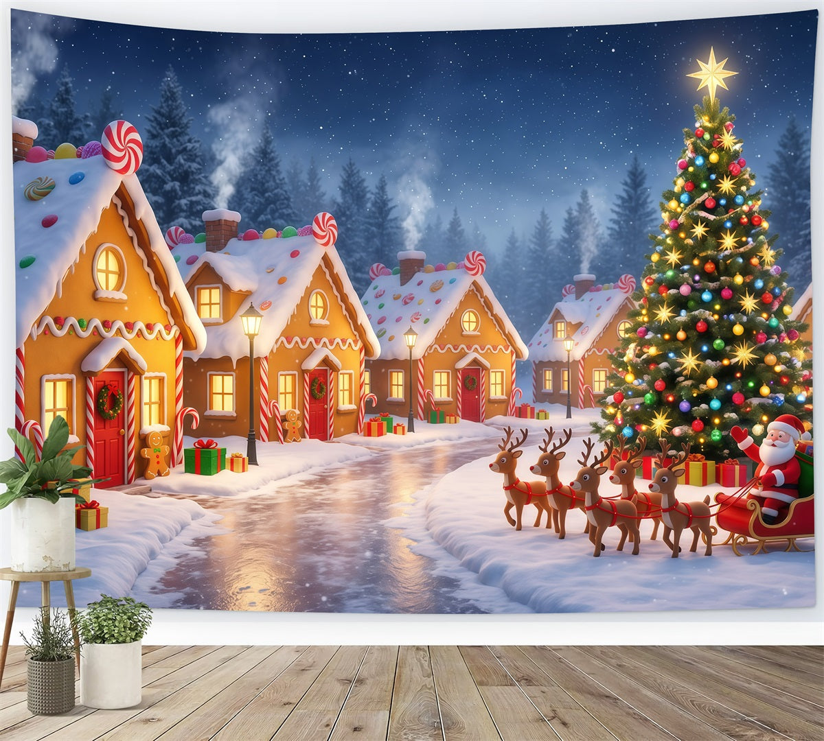 Fond Village Père Noël Pain D'Épices Traîneau RR610-31