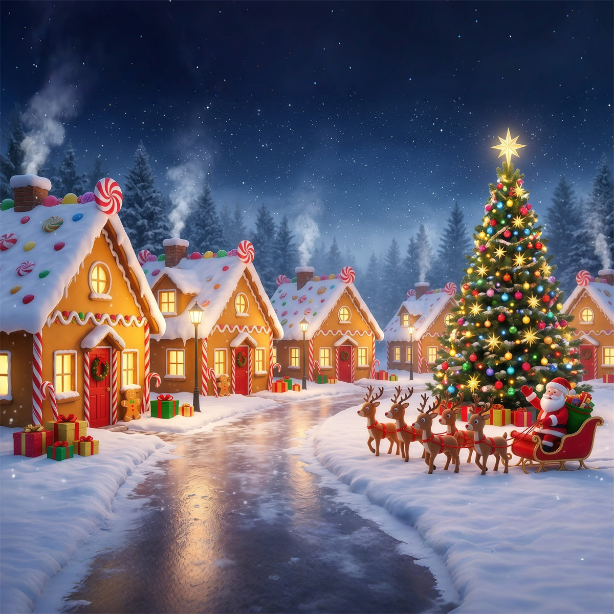 Fond Village Père Noël Pain D'Épices Traîneau RR610-31
