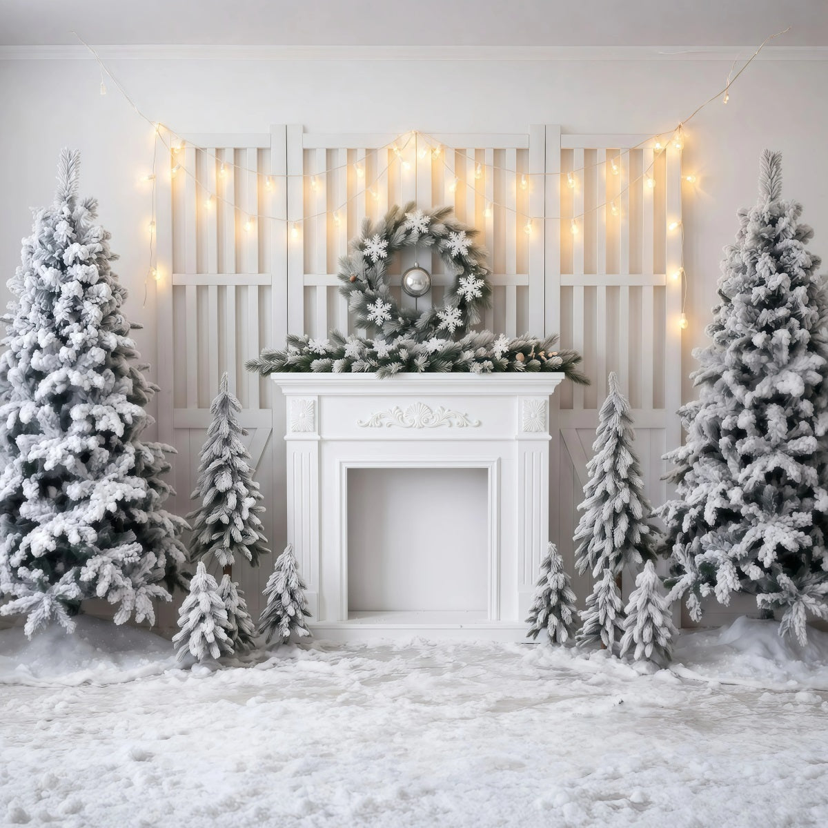 Fond De Noël Blanc Cheminée Givrée Décor RR610-32