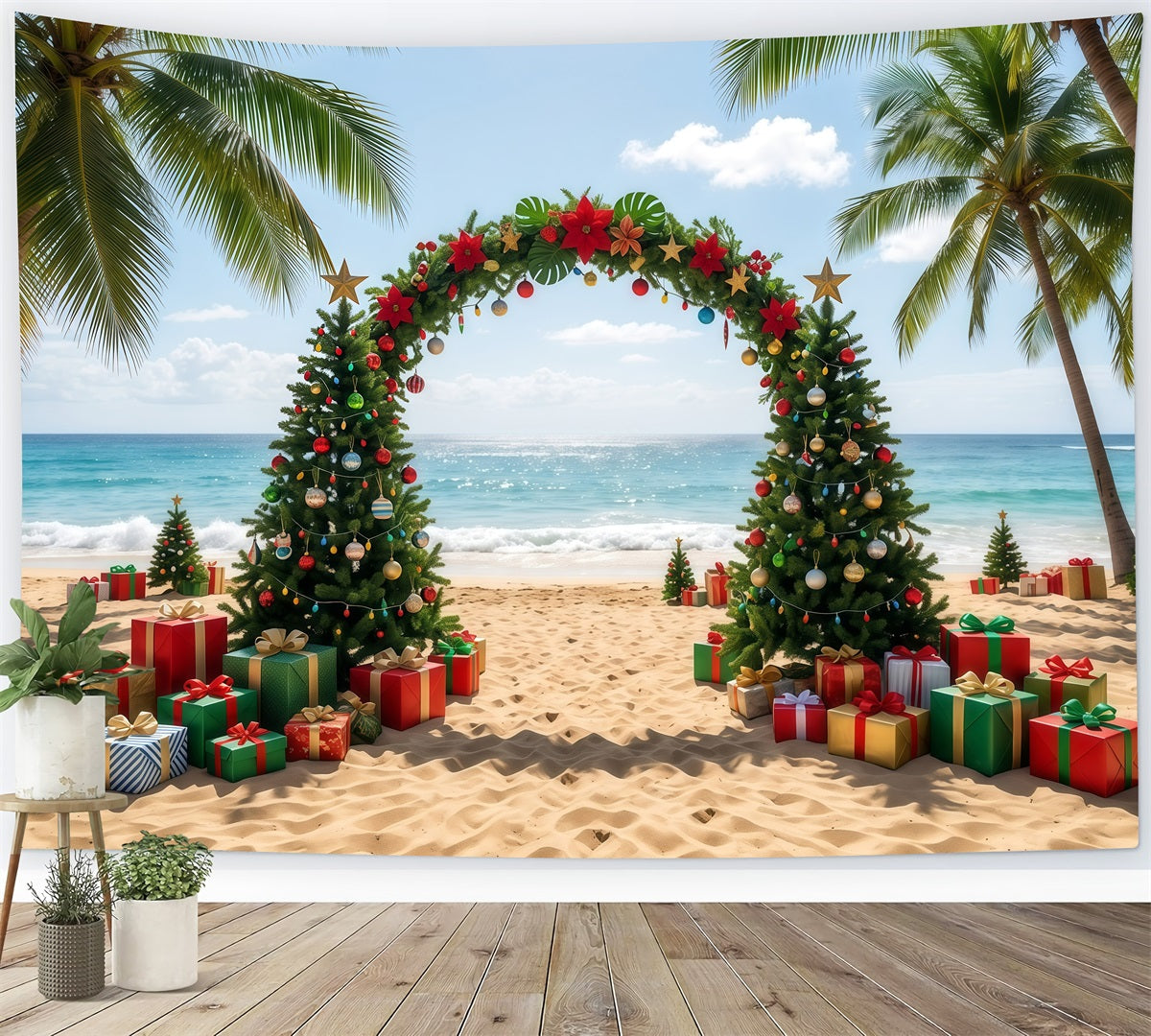 Fond De Noël Tropical Plage Arche Sapins RR610-35