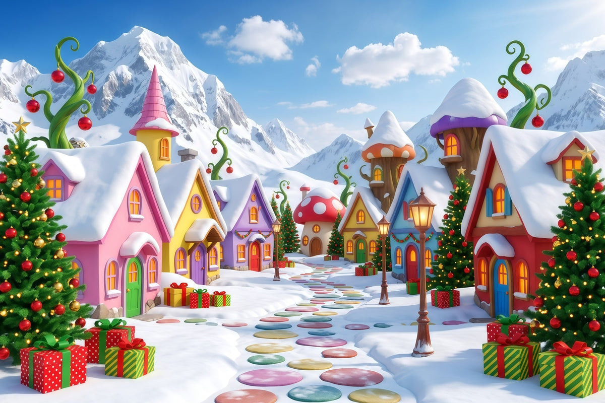 Fond De Noël Montagne Village Maison Bonbons Enneigée RR610-37