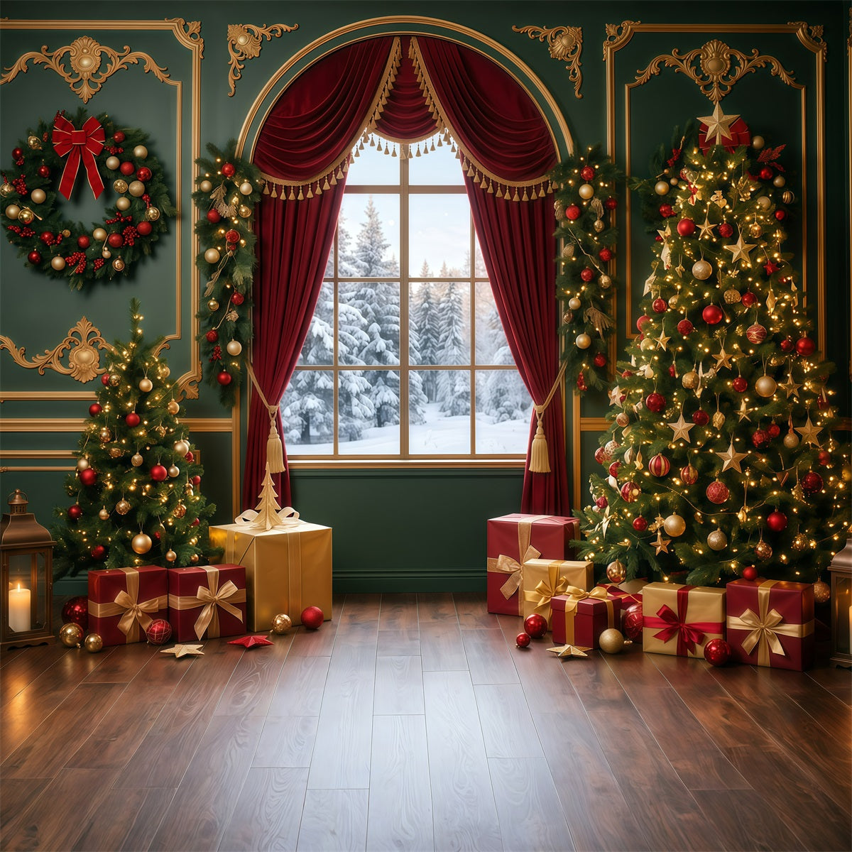Fond Photo De Noël Fenêtre Velours Émeraude RR610-4