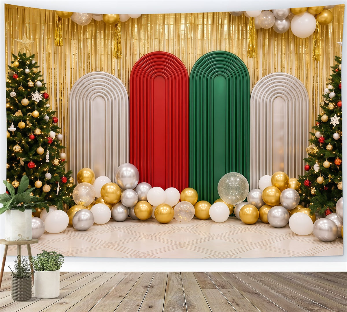 Fond De Noël Arche Ballons Dorés Décor Festif RR610-41