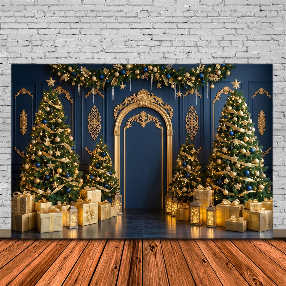 Fond De Noël Arche Bleu Marine Or Décor Festif RR610-43
