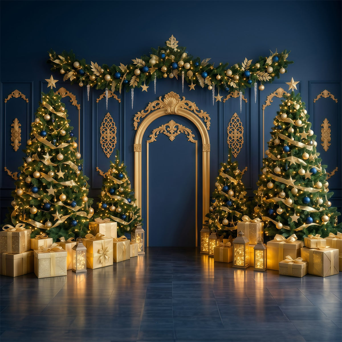 Fond De Noël Arche Bleu Marine Or Décor Festif RR610-43