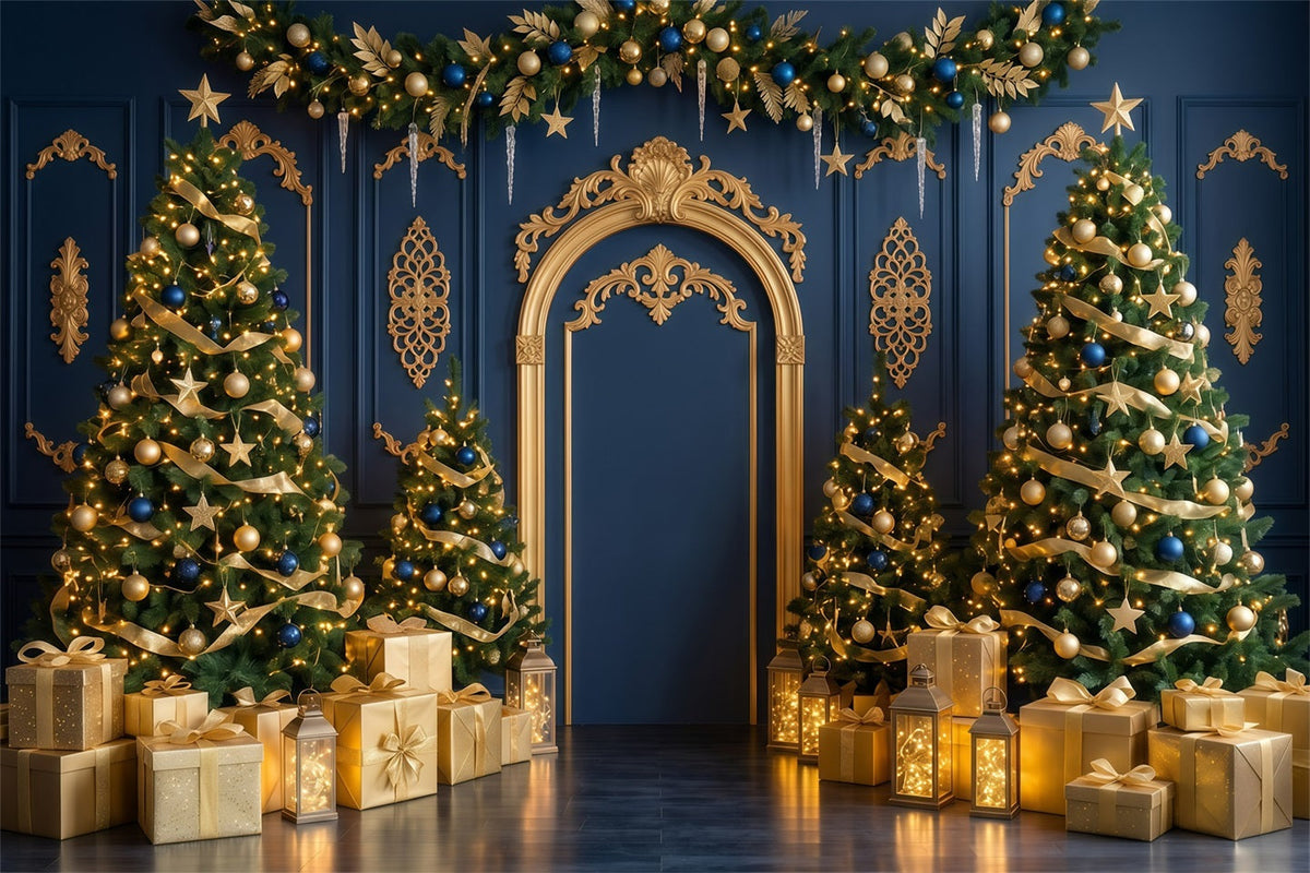 Fond De Noël Arche Bleu Marine Or Décor Festif RR610-43