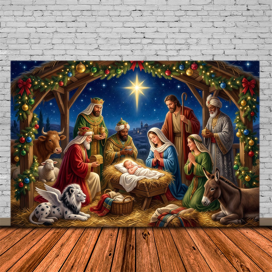 Fond De Crèche De Noël Église Étoilée Mangeoire RR610-45