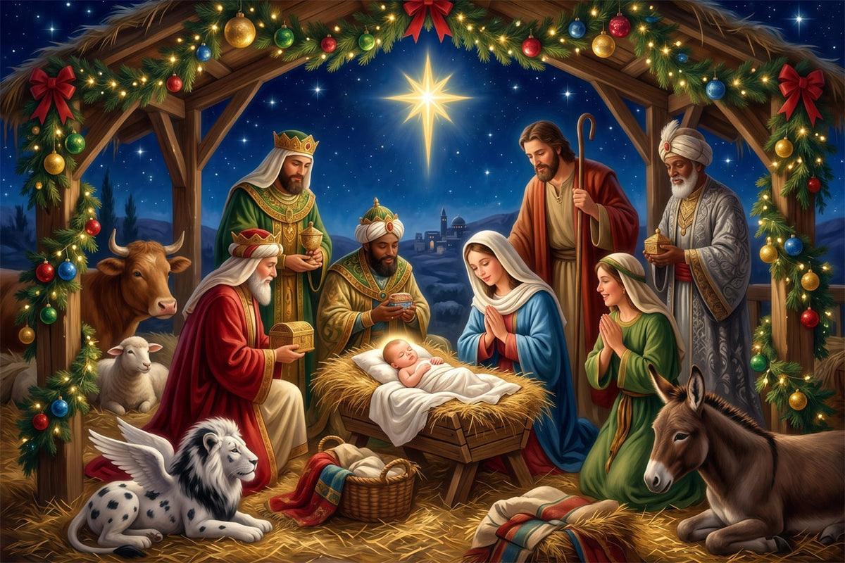 Fond De Crèche De Noël Église Étoilée Mangeoire RR610-45