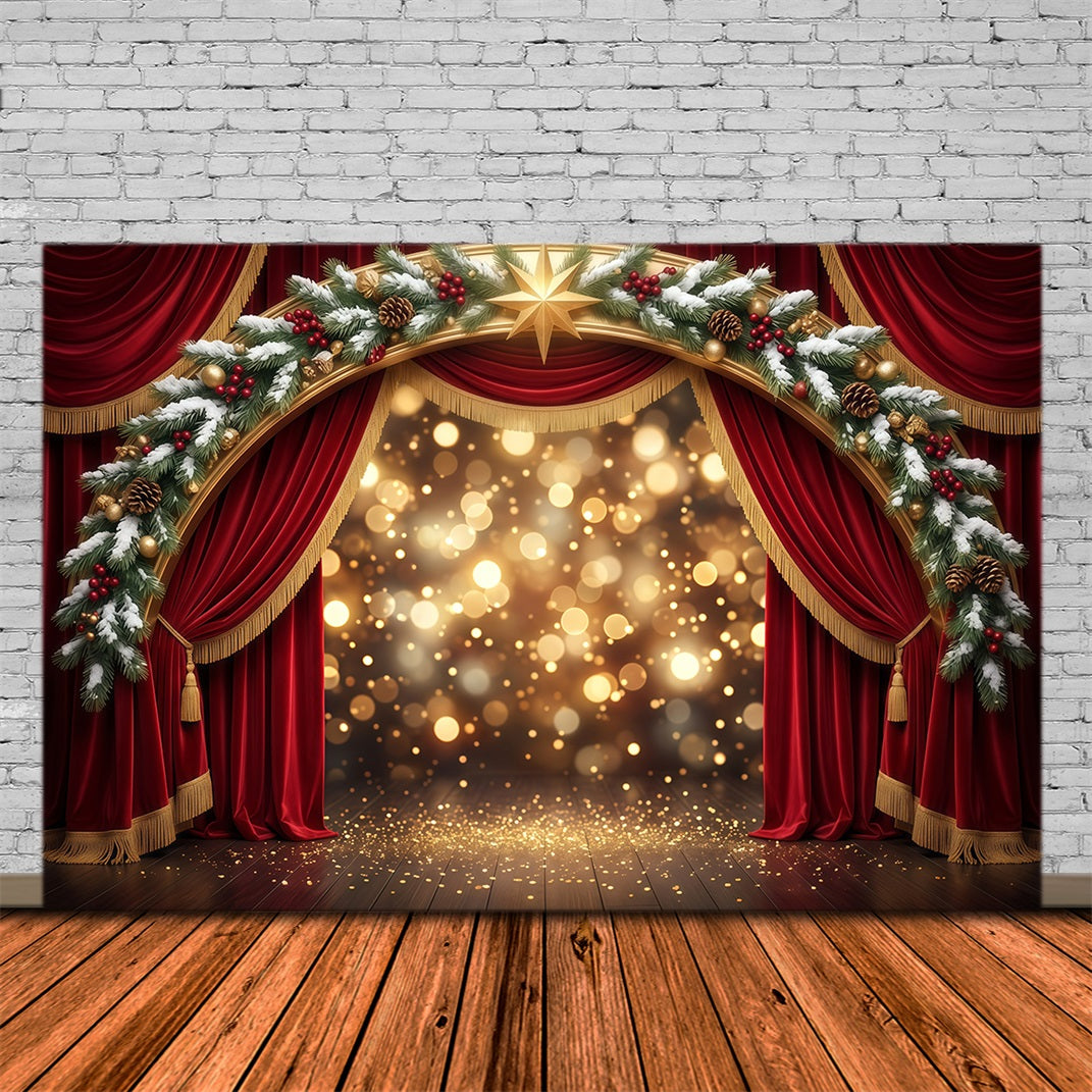 Fond De Noël Scène Arche Dorée Velours Rouge RR610-46