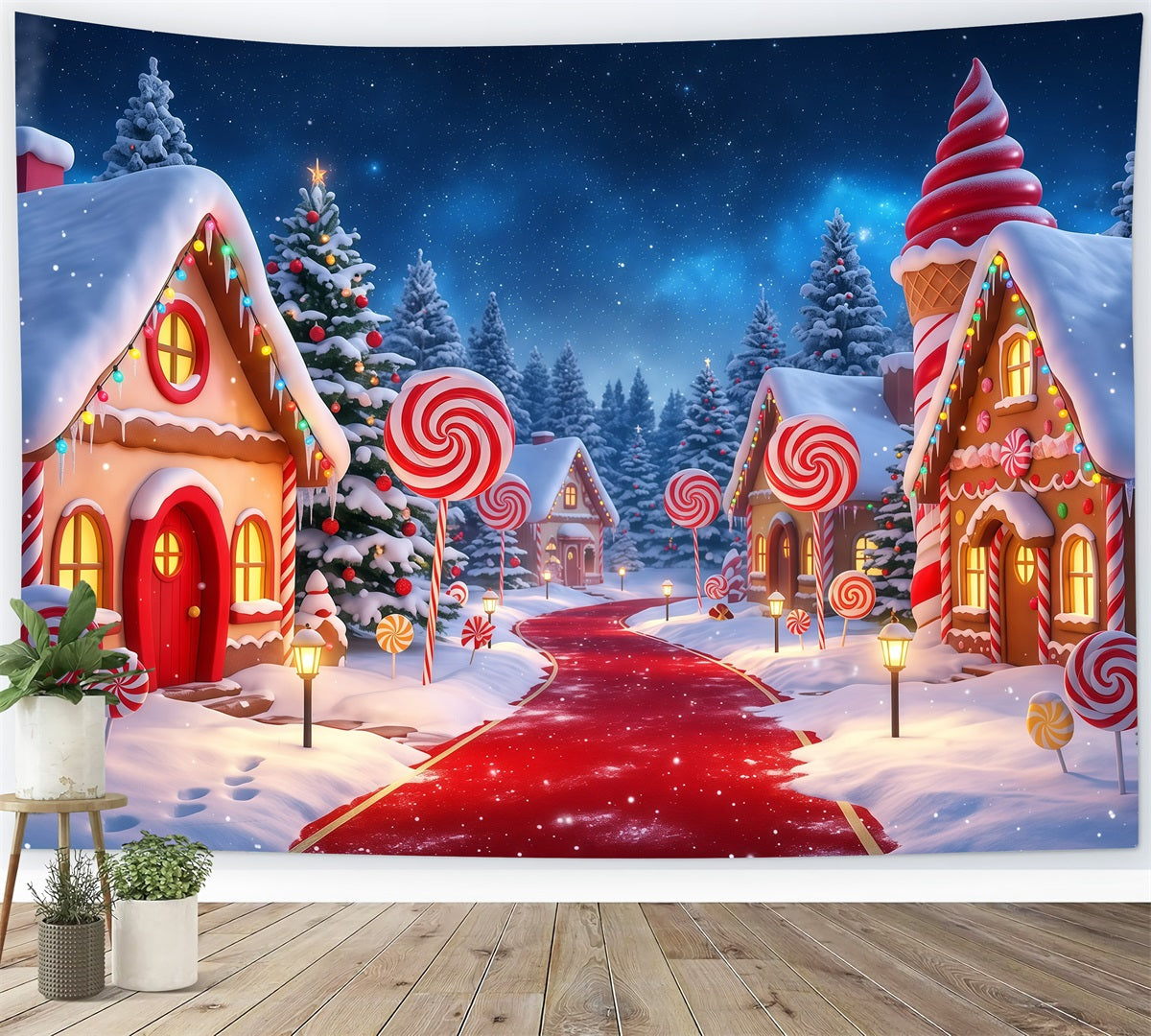 Fond De Noël Campagnard Village Bonbons Sentier Enneigé RR610-47