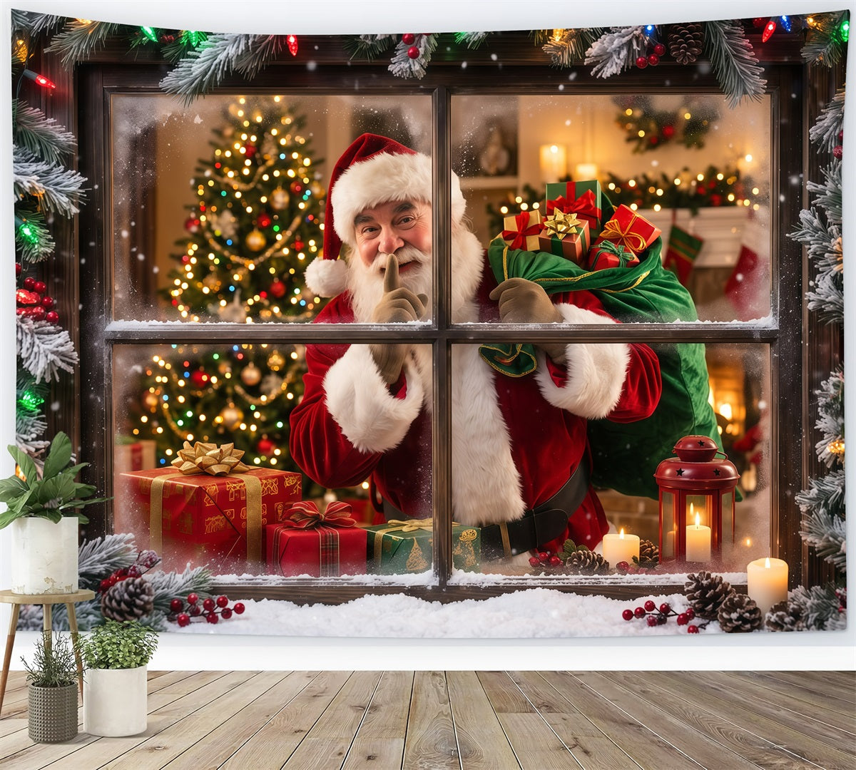 Fond Photo Père Noël Surprise Cadeau Fenêtre Enneigée RR610-48
