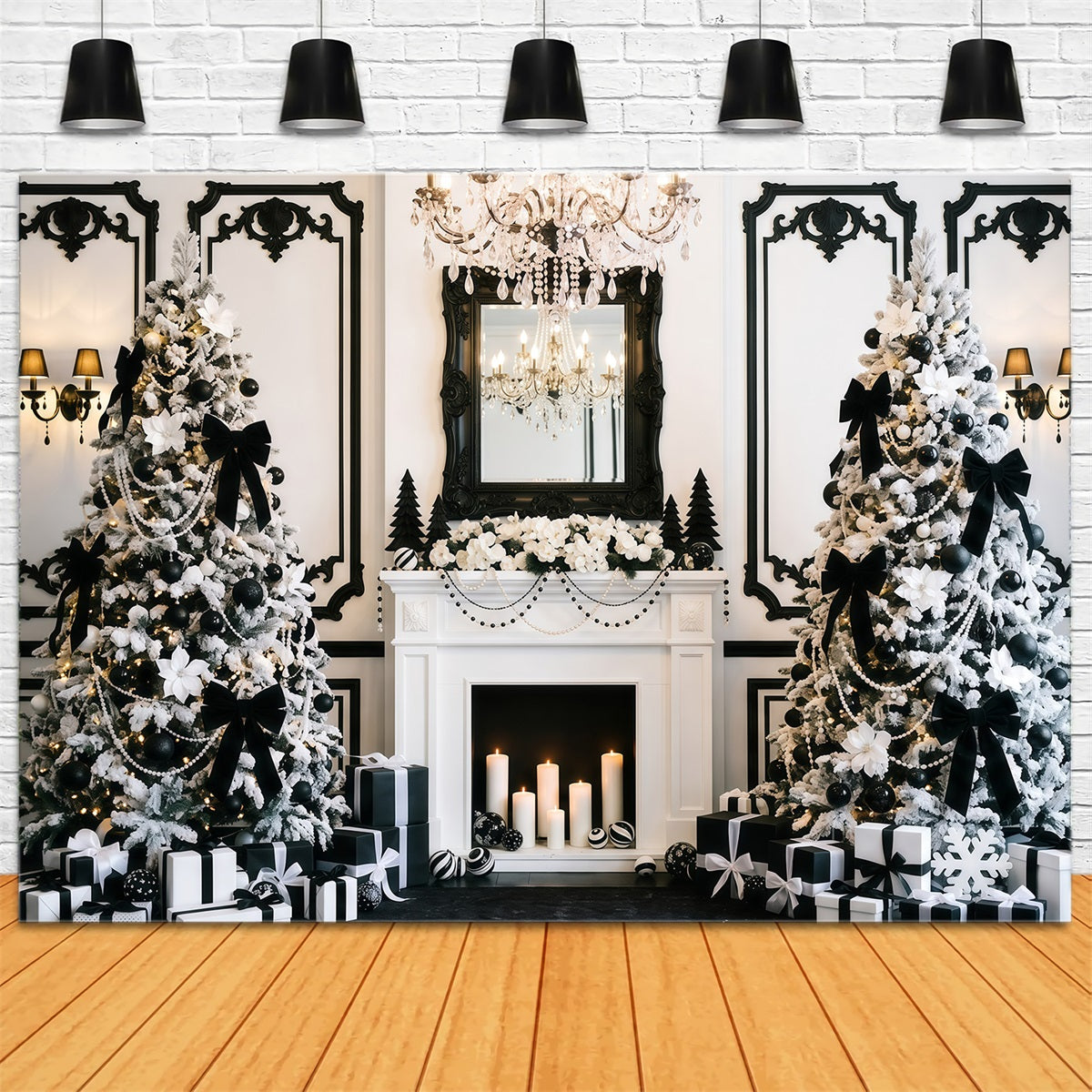 Fond De Noël Noir Et Blanc Cheminée Élégante Sapin Violet RR610-49