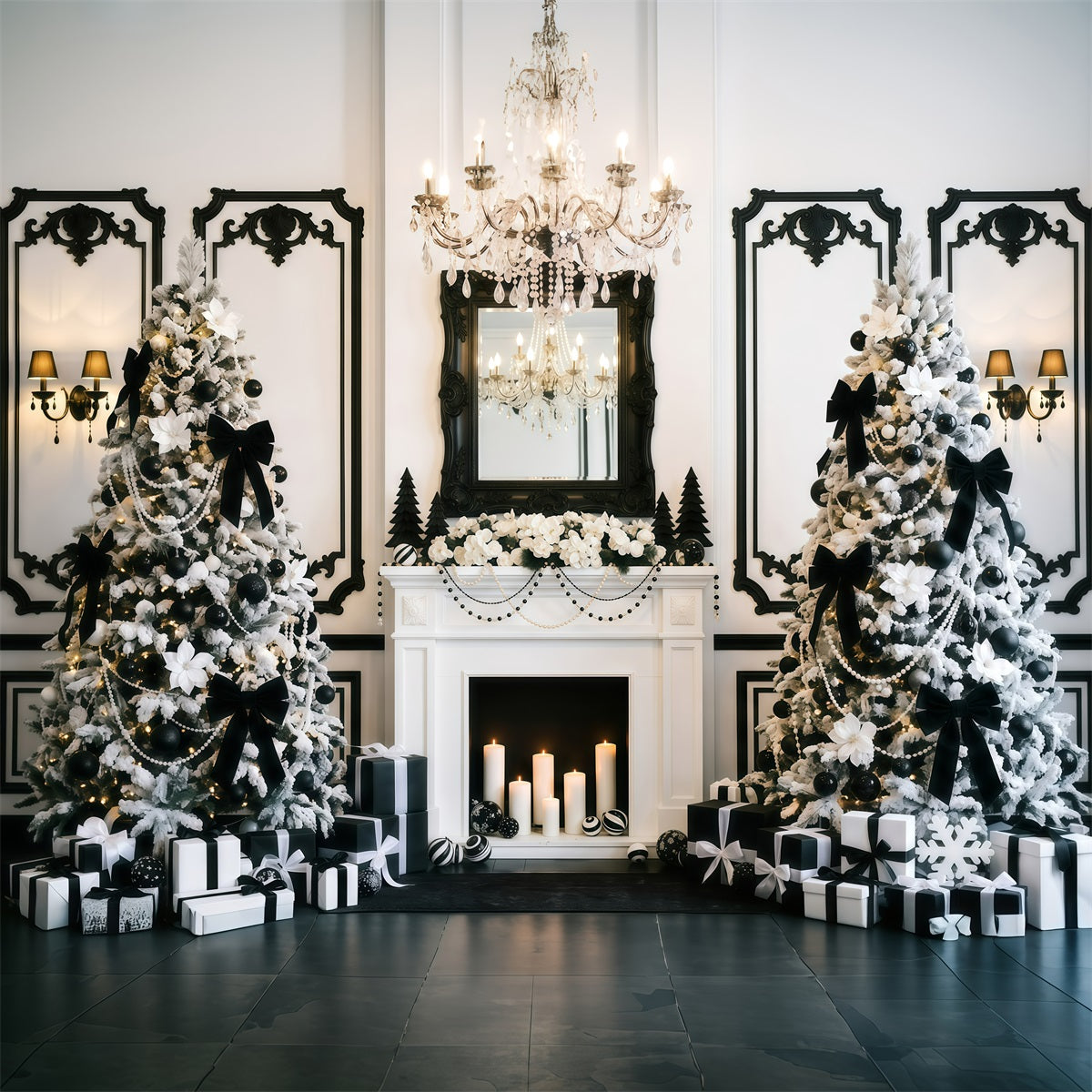 Fond De Noël Noir Et Blanc Cheminée Élégante Sapin Violet RR610-49