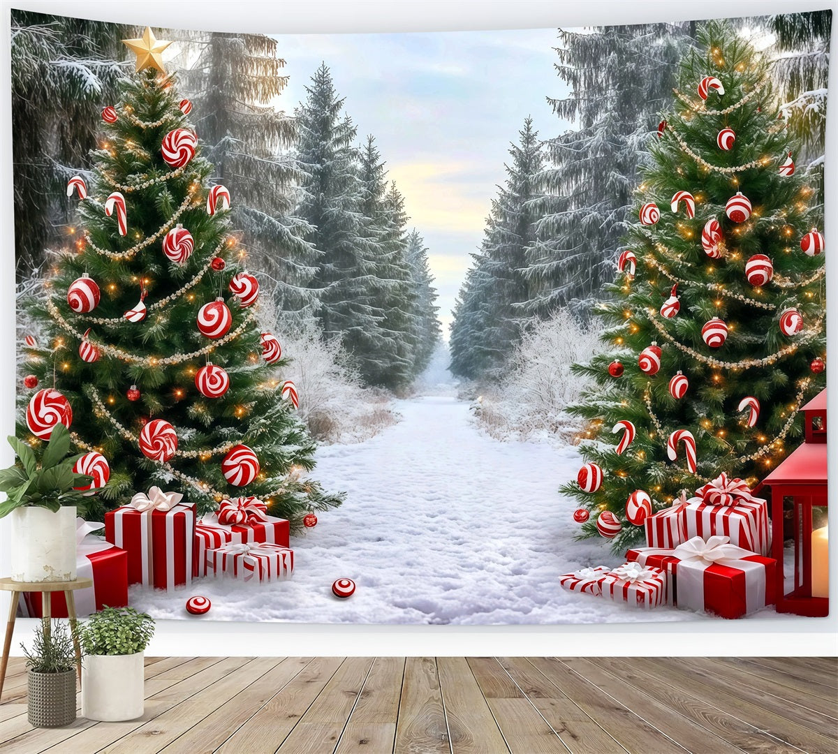 Fond De Noël Classique Sentier Forêt Bonbons Sucre RR610-50