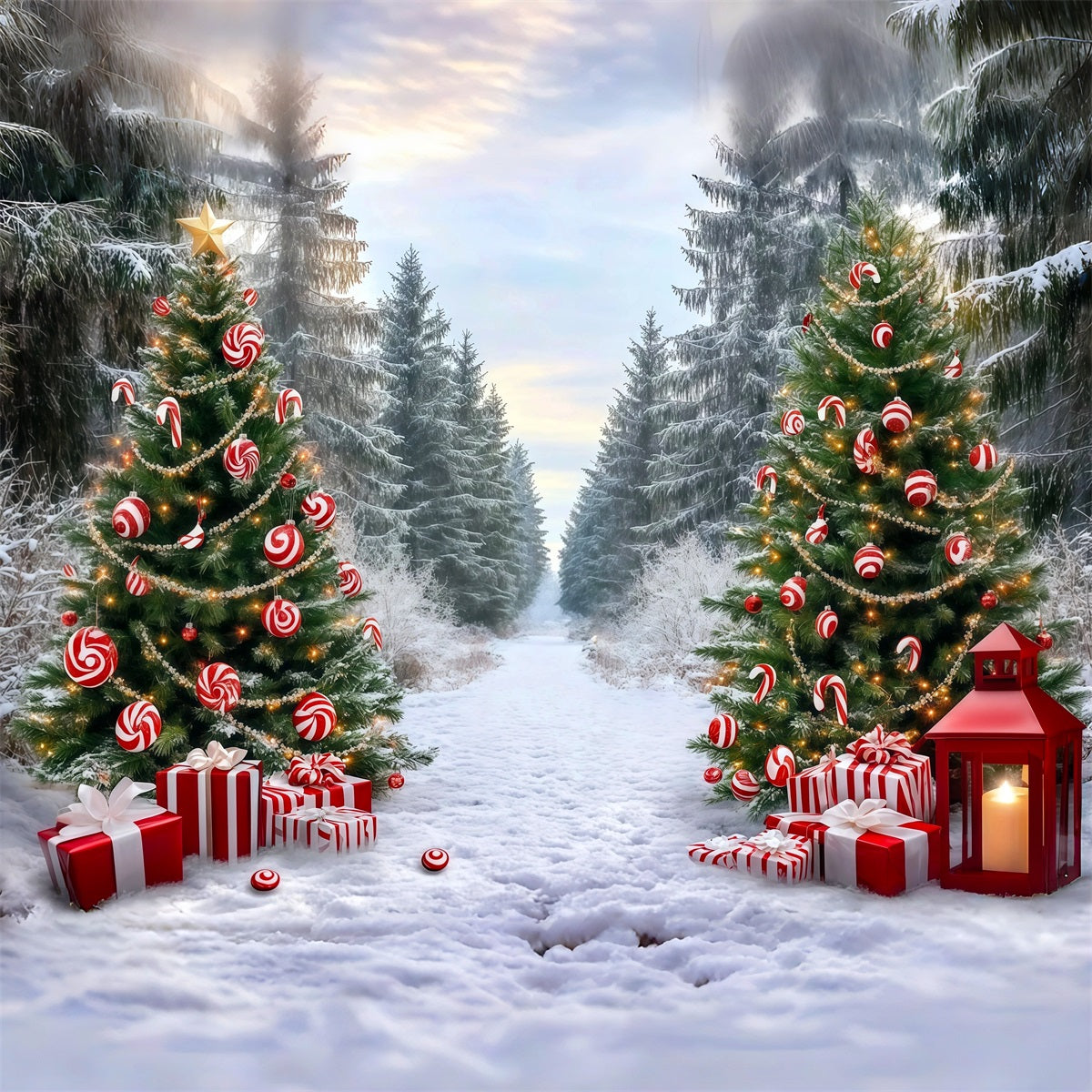 Fond De Noël Classique Sentier Forêt Bonbons Sucre RR610-50