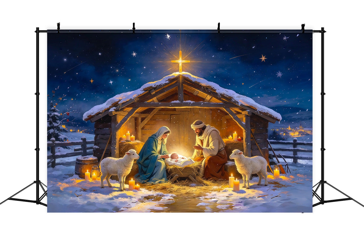 Fond De Crèche De Noël Étable Réunion Nuit Étoilée RR610-54