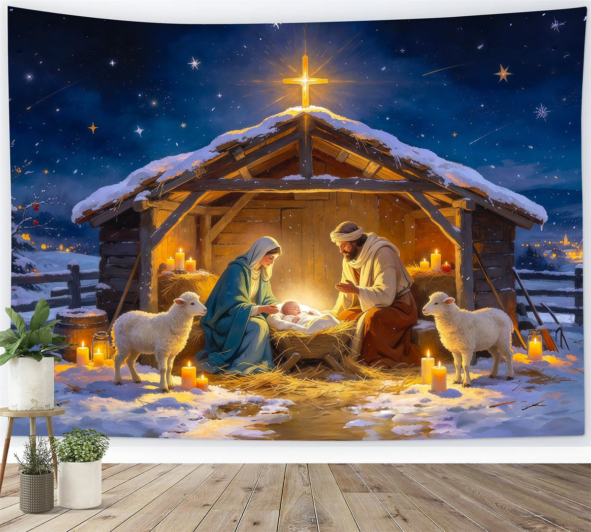 Fond De Crèche De Noël Étable Réunion Nuit Étoilée RR610-54