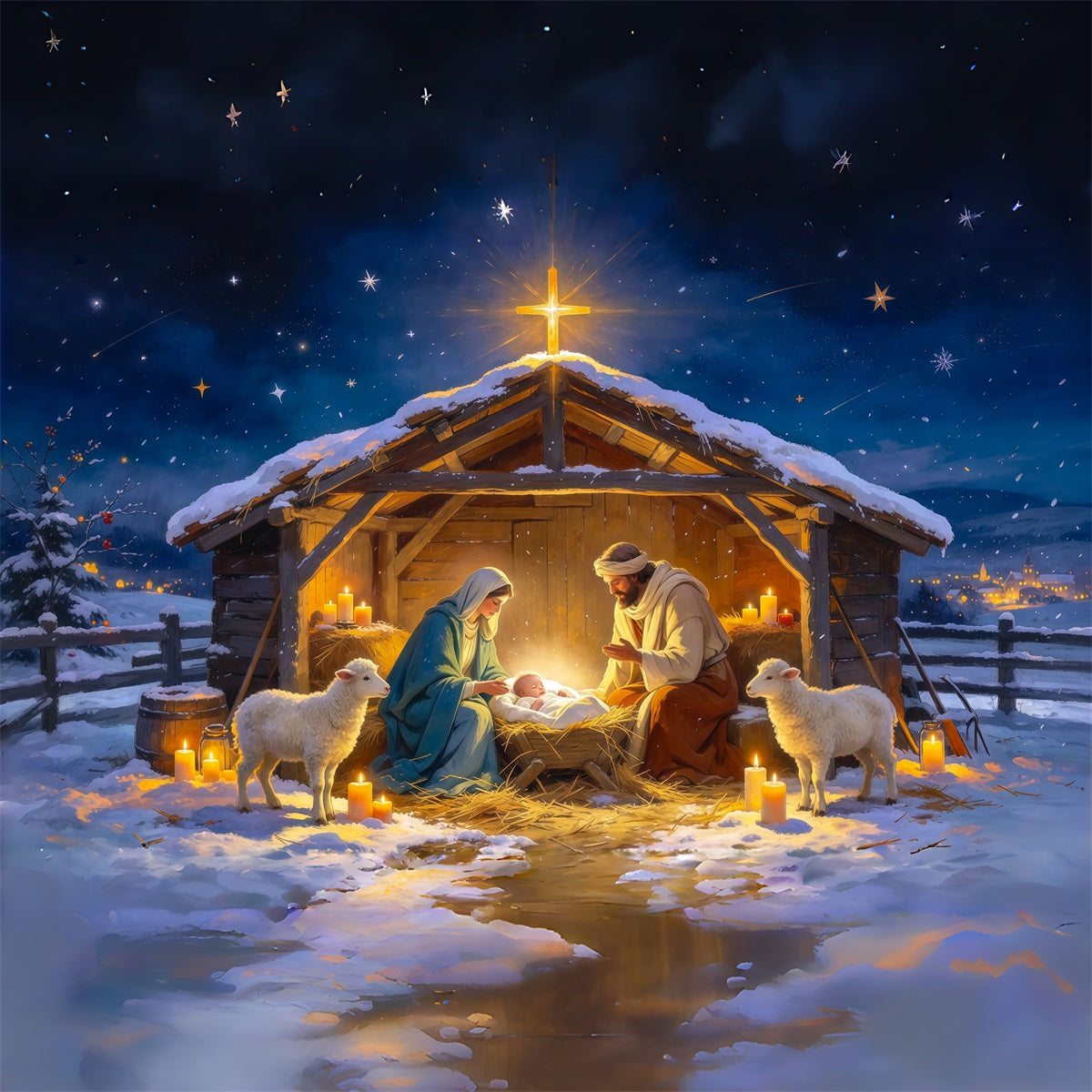 Fond De Crèche De Noël Étable Réunion Nuit Étoilée RR610-54
