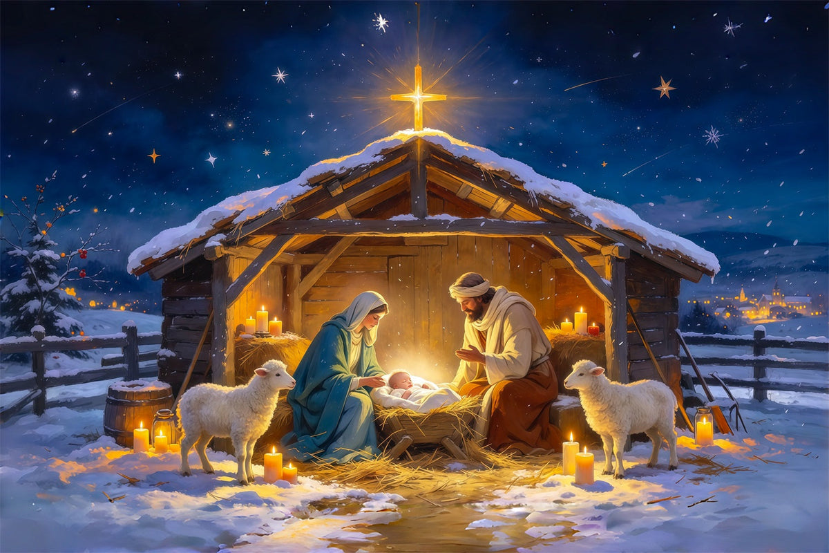 Fond De Crèche De Noël Étable Réunion Nuit Étoilée RR610-54