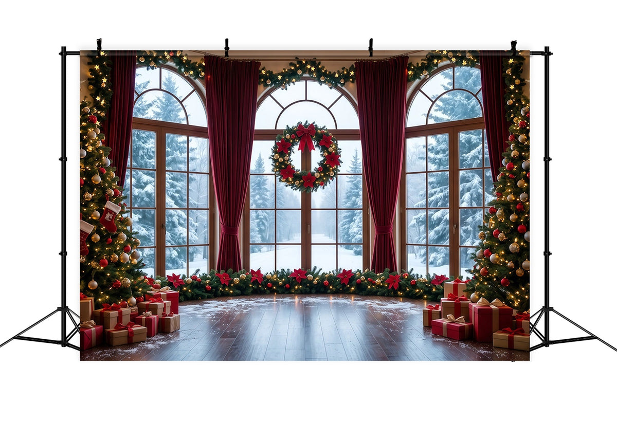 Fond De Noël Fenêtre Enneigée Couronne Décorative RR610-55