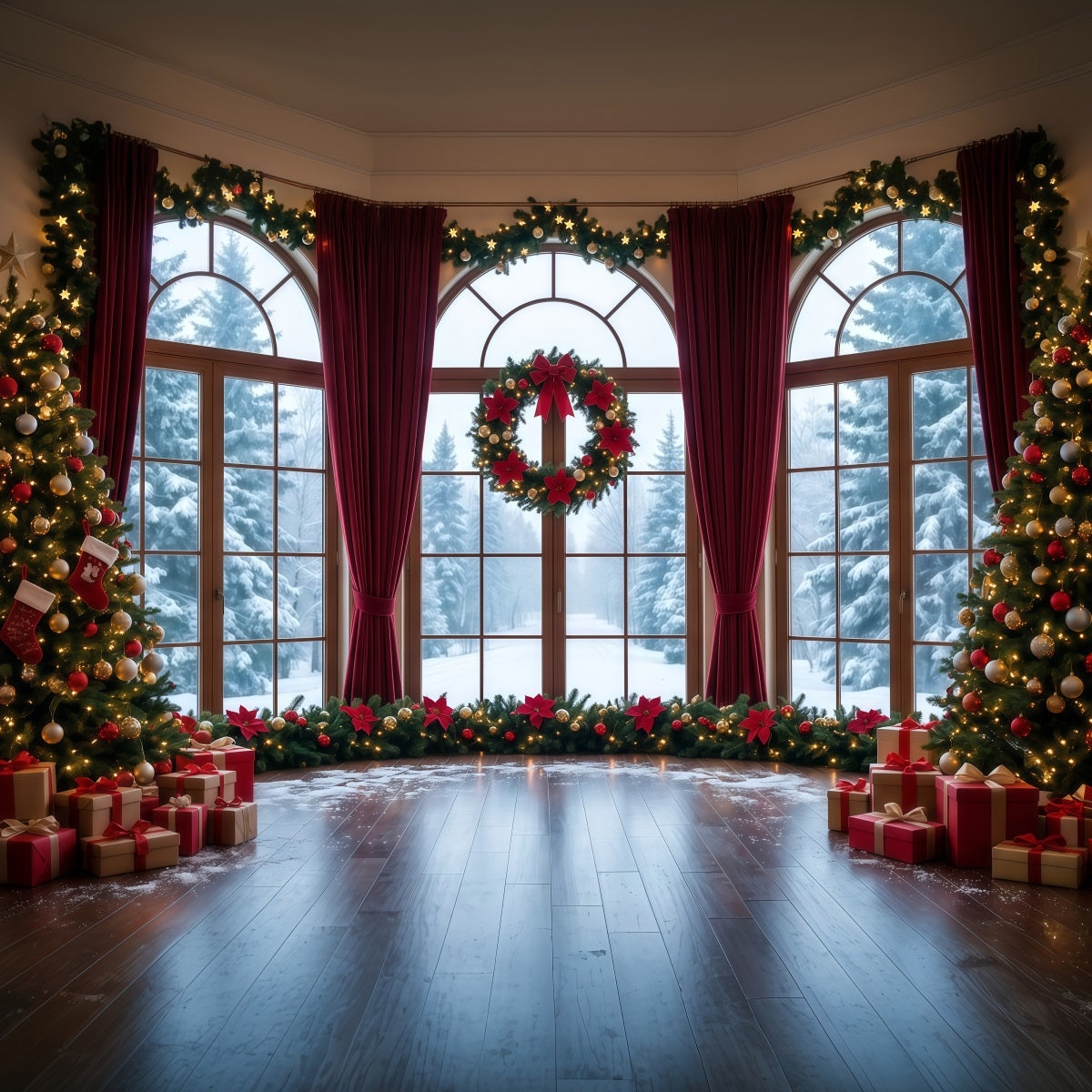 Fond De Noël Fenêtre Enneigée Couronne Décorative RR610-55