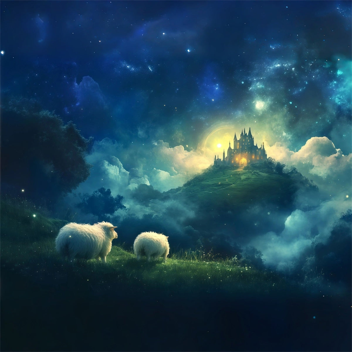 Fond De Crèche De Noël Château Enchanté Ciel Moutons RR610-65