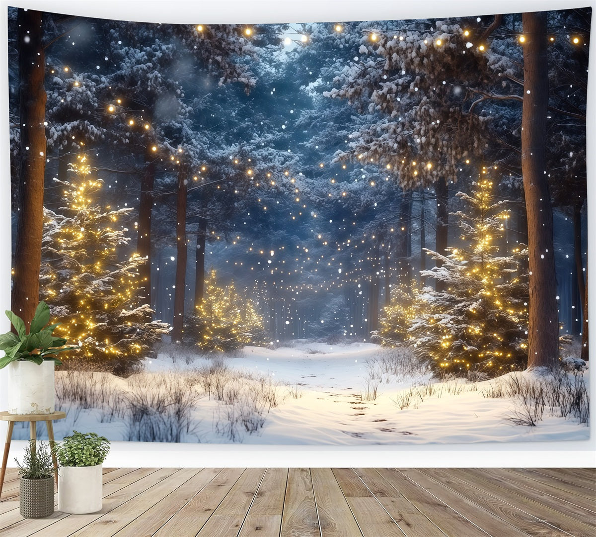 Fond Photo Ferme De Sapins Forêt Enneigée Lumières Dorées RR610-66