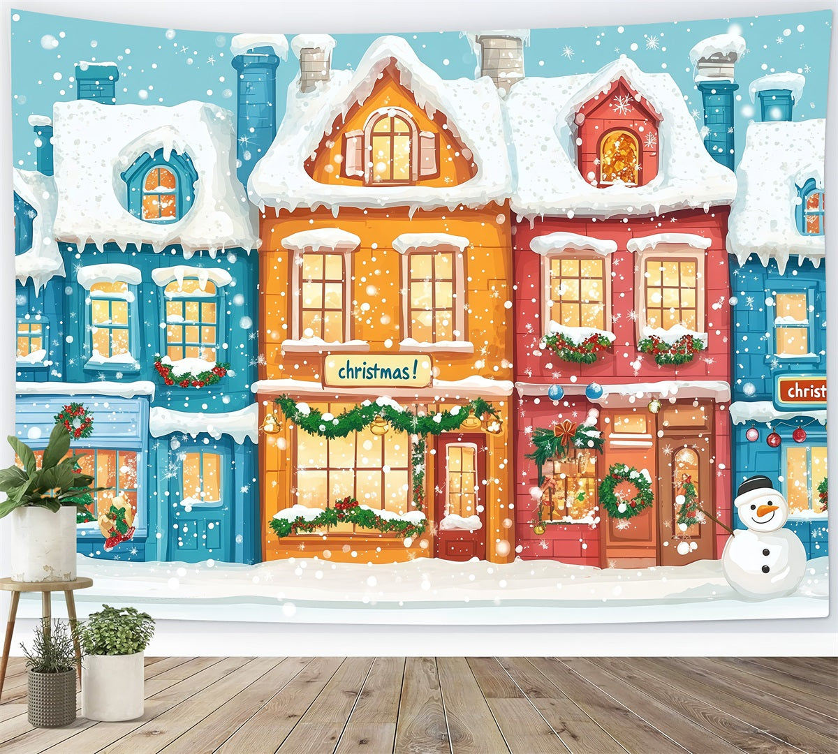 Fond De Ville De Noël Maisons Colorées Village Enneigé RR610-67