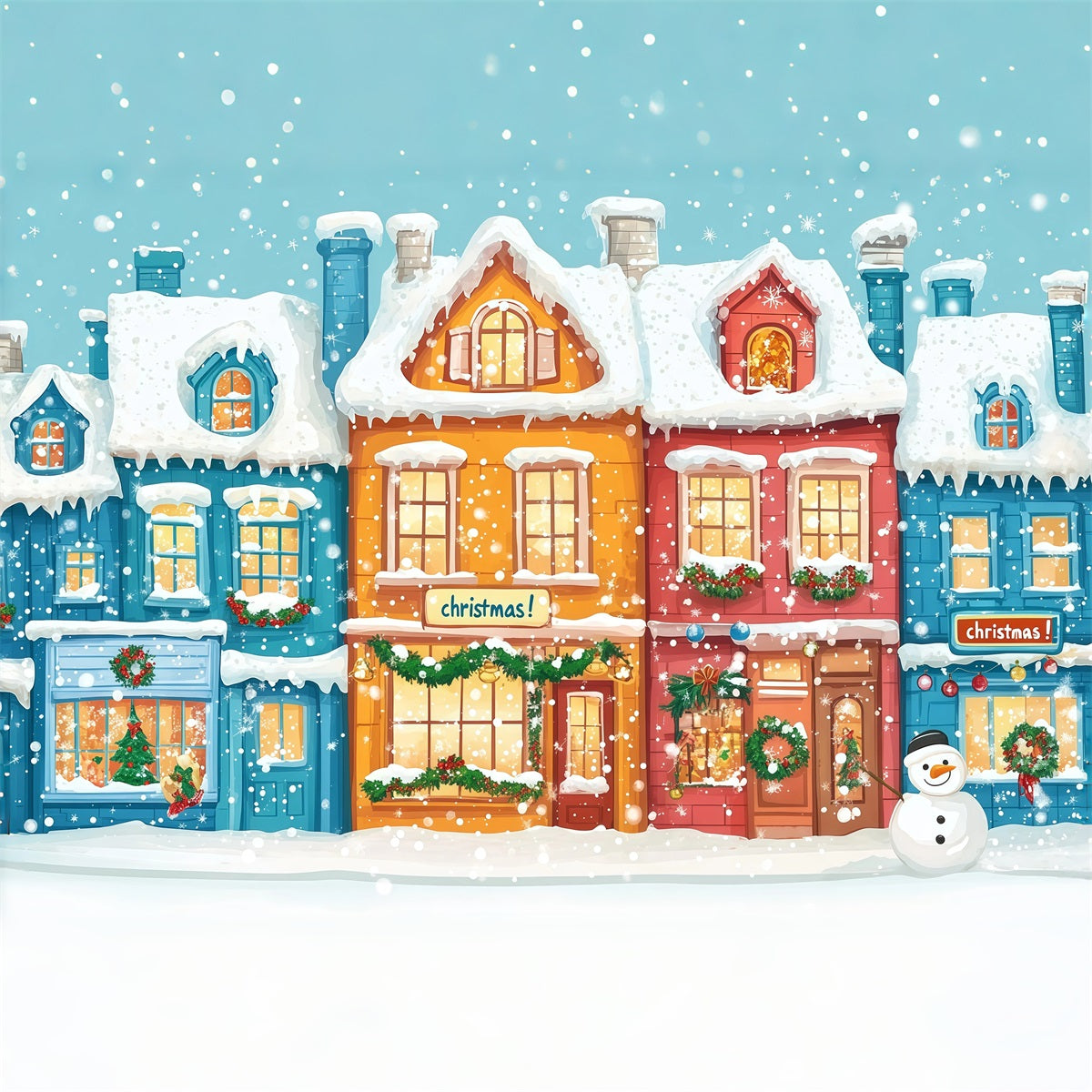 Fond De Ville De Noël Maisons Colorées Village Enneigé RR610-67