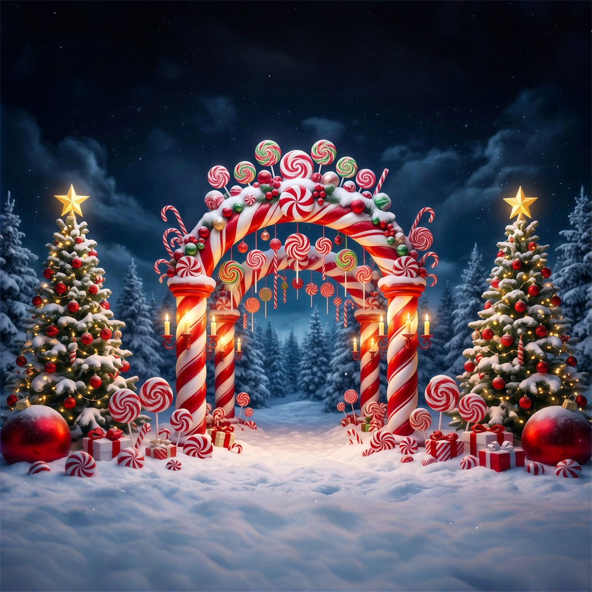Fond De Noël Arche Bonbons Sucre Forêt Enneigée RR610-68