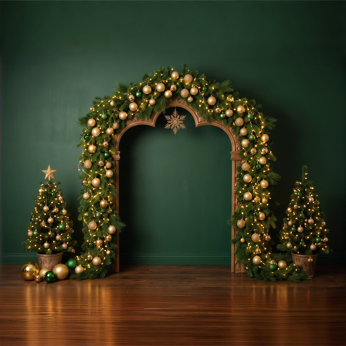 Fond De Noël Arche Ornements Sapins Dorés RR610-7