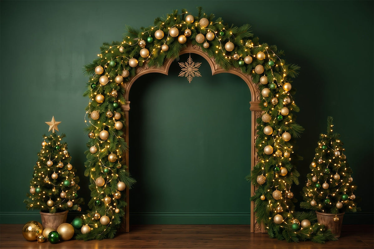 Fond De Noël Arche Ornements Sapins Dorés RR610-7