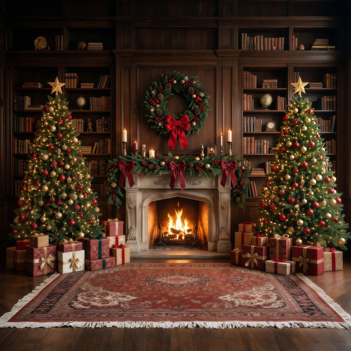 Fond Photo De Noël Bibliothèque Élégante Présentoir Cheminée RR610-71