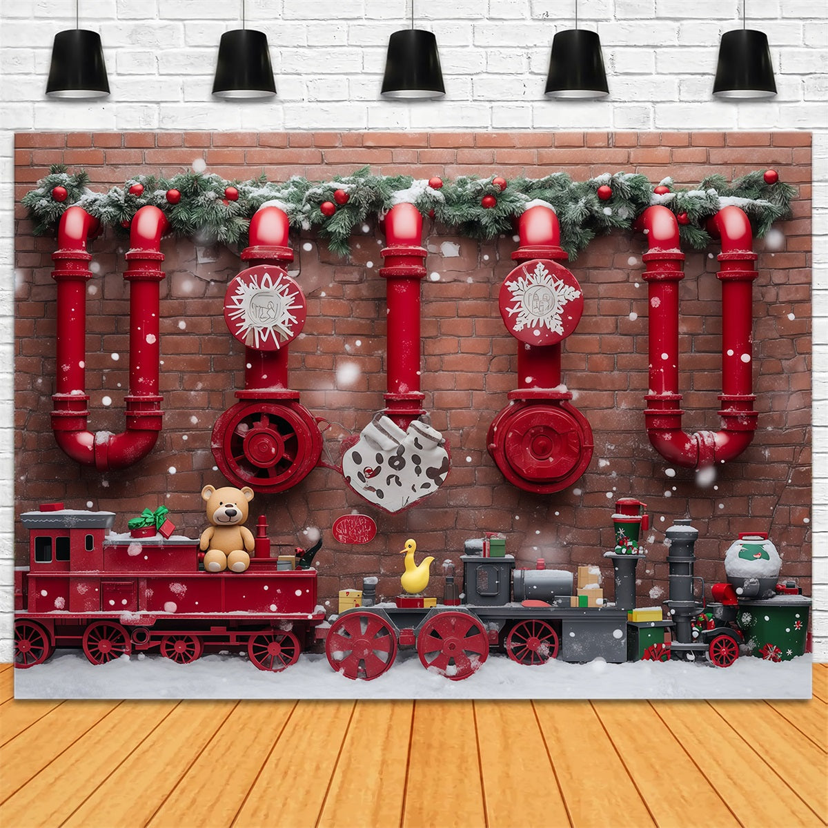 Fond Photo De Noël Présentoir Train Jouet Rouge RR610-72