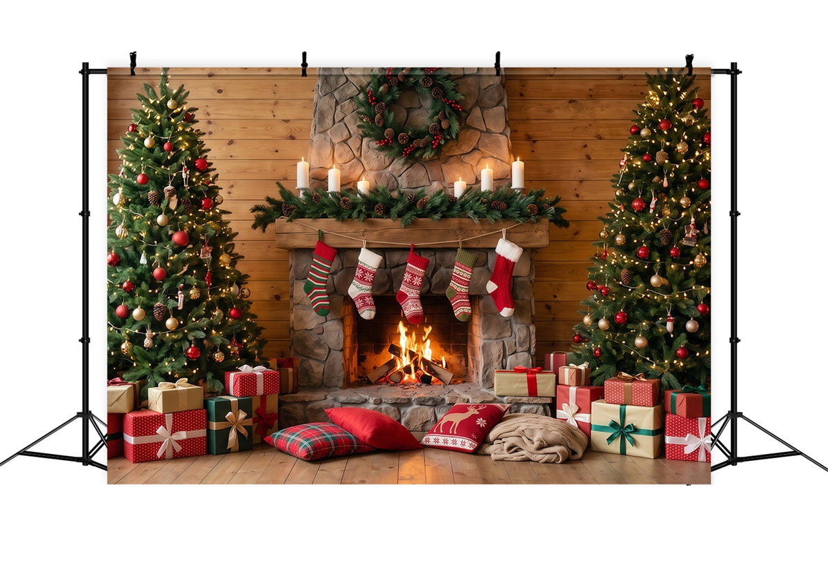 Fond Photo De Noël Cheminée Pierre Rustique Chaussettes RR610-74
