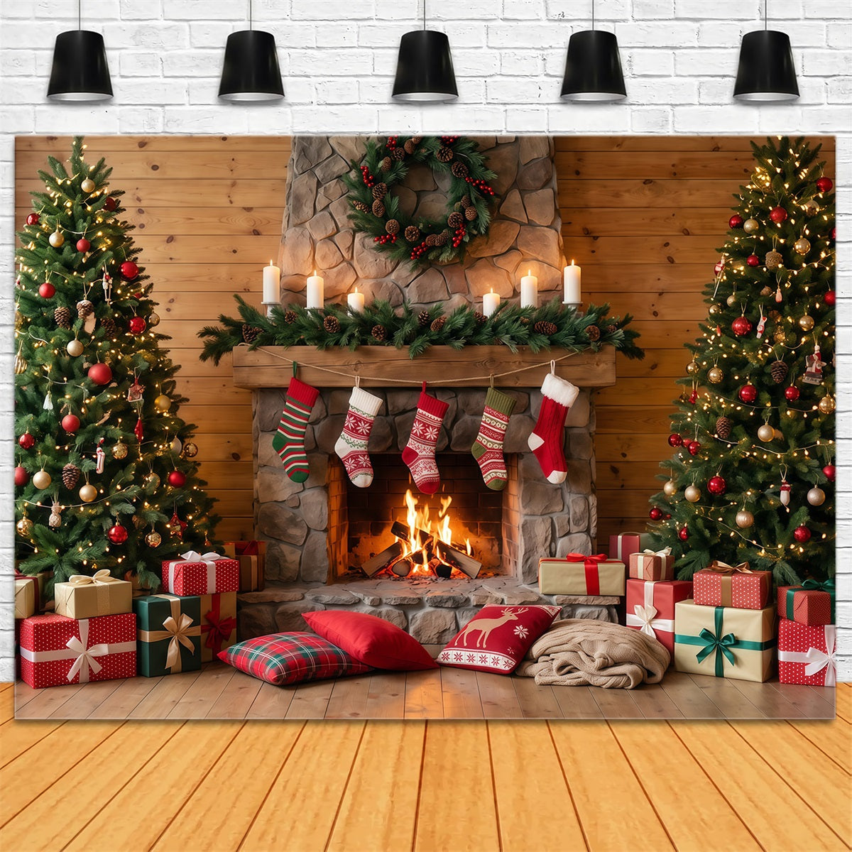 Fond Photo De Noël Cheminée Pierre Rustique Chaussettes RR610-74