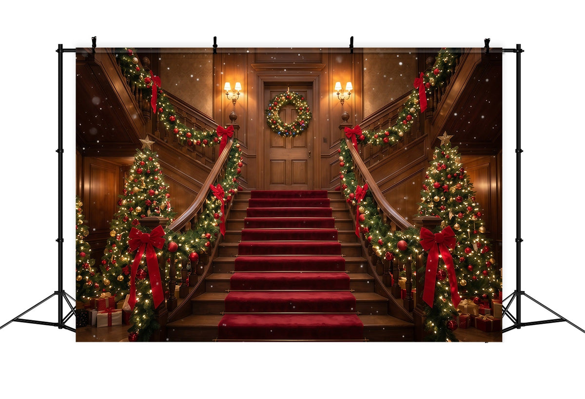 Fond De Noël Escalier Bordeaux Guirlande Décorative RR610-75