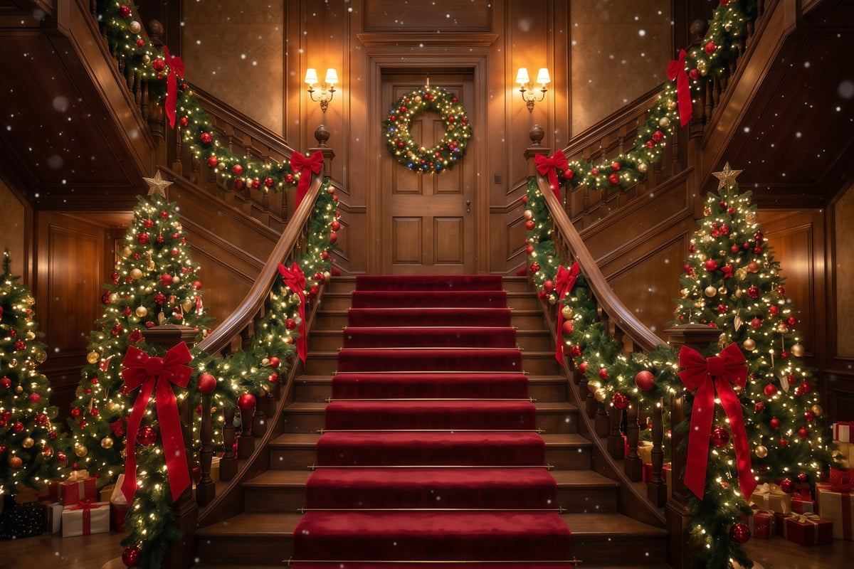 Fond De Noël Escalier Bordeaux Guirlande Décorative RR610-75
