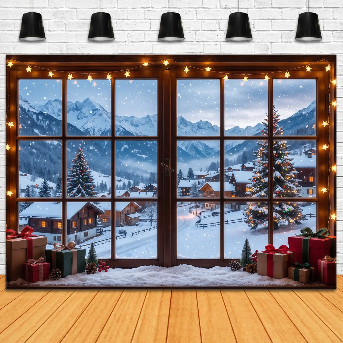 Fond De Noël Hiver Fenêtre Chalet Alpin Enneigé RR610-77
