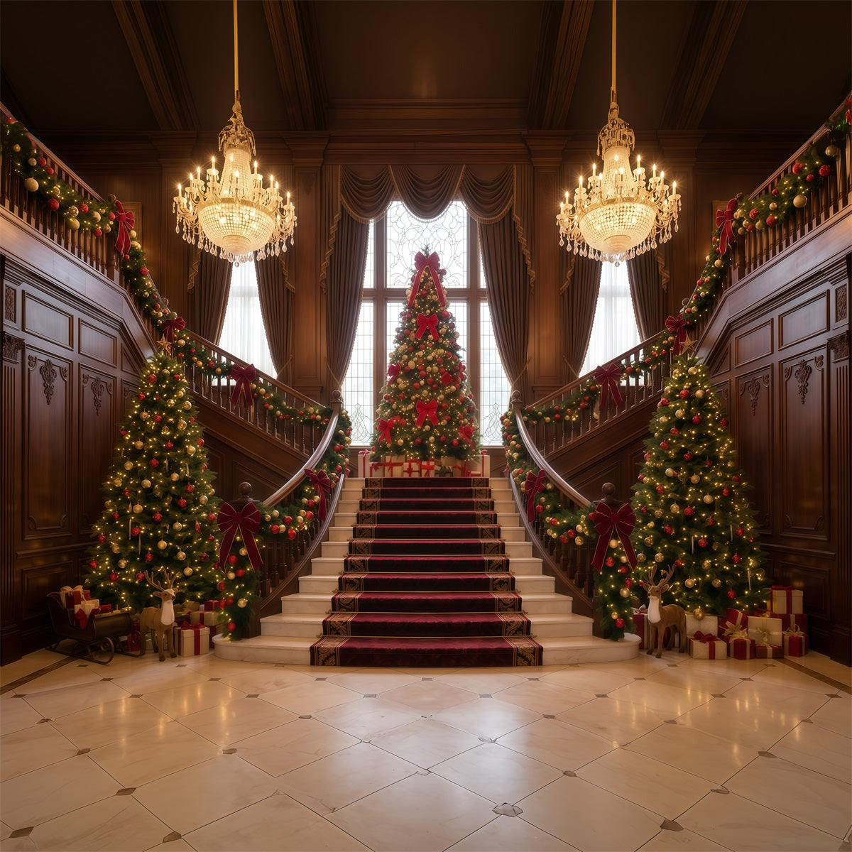 Fond De Noël Salon Grand Escalier Sapins RR610-78
