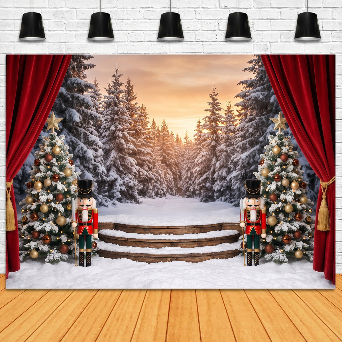 Fond De Noël Rideau Scène Forêt Enneigée Casse-Noisette RR610-79