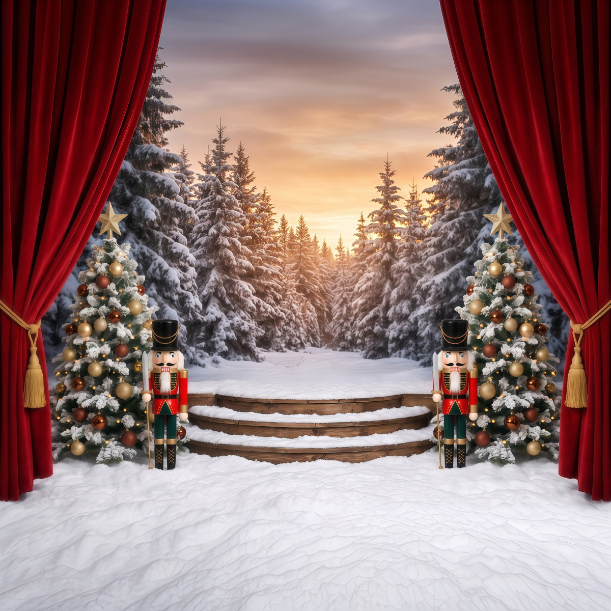 Fond De Noël Rideau Scène Forêt Enneigée Casse-Noisette RR610-79