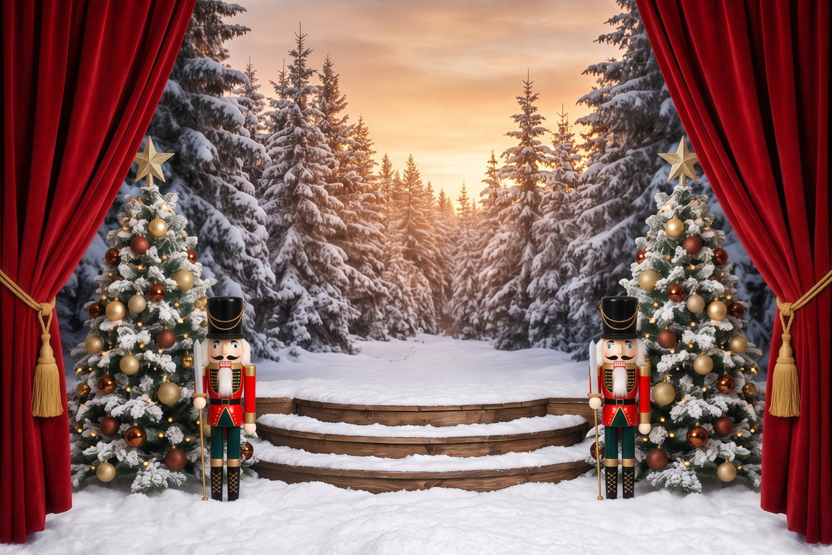 Fond De Noël Rideau Scène Forêt Enneigée Casse-Noisette RR610-79